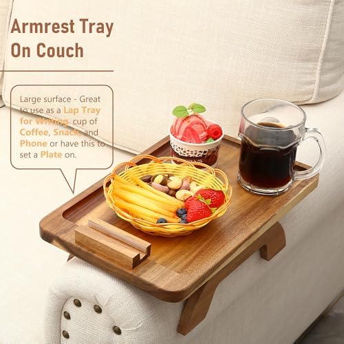 SINWANT Couch Arm Tray,15.35x9.84 in Sofa Clip on Arm Table,Acacia Wood