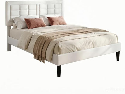 VECELO Full Size Bed Frame, Adjustable Upholstered Button Tufted Headboard, Heavy-Duty Bedframe with Wood Slats Support, No Box Spring Needed, Linen & White