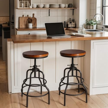 Vintage Industrial Barstools - 13.8" Dia Round Wooden Brown Seat - Black Metal Base - Adjustable Height: 23.6"-29.5" / Minimalist Design/Raw Rustic Look/Rotating Top Bar Chairs, Set of 2