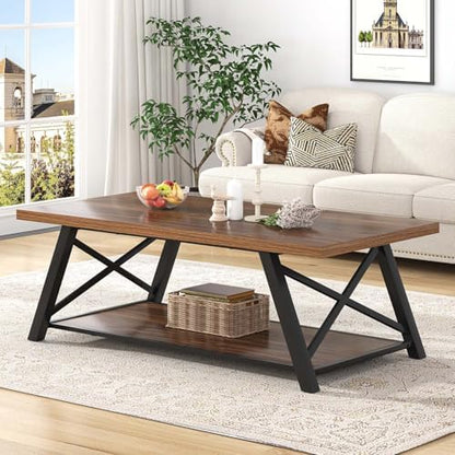 EXCEFUR Modern Coffee Table, Industrial Living Room Center Table with Storage Shelf, Rectangle Wood and Metal Cocktail Tea Table, Rustic Walnut, 47 Inch