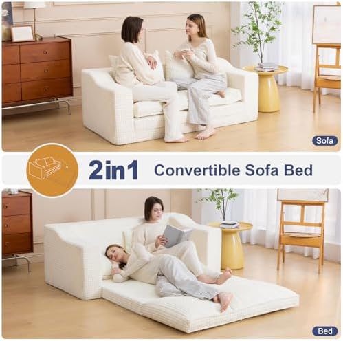 61" Boneless Loveseat Sleeper, Folding Sofa Bed with Corduroy Cover, Beige