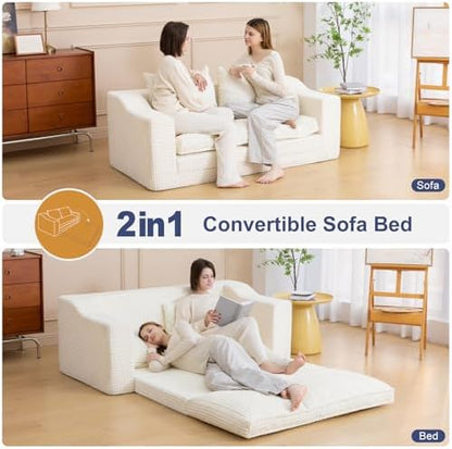 61" Boneless Loveseat Sleeper, Folding Sofa Bed with Corduroy Cover, Beige