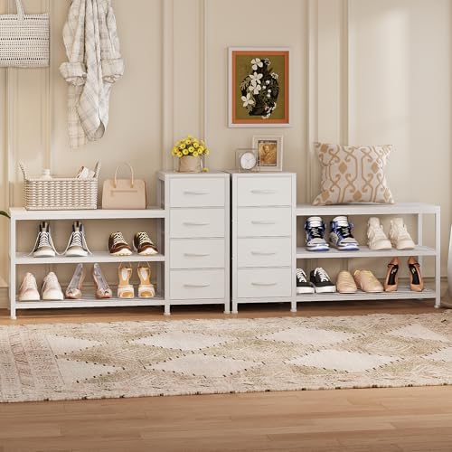 EXOTICA Industrial Shoe Storage Bench with 4 Drawers & Seat, White