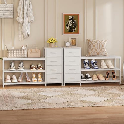 EXOTICA Industrial Shoe Storage Bench with 4 Drawers & Seat, White