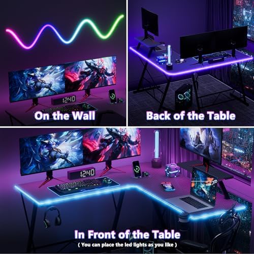 Mr IRONSTONE Gaming Desk with LED Lights, L Shaped Desk Corner with Cup Holder & Headphone Hook, Computer Desk Home Office Desks with Large Monitor Stand, Carbon Fiber Surface, Black 51 Inch