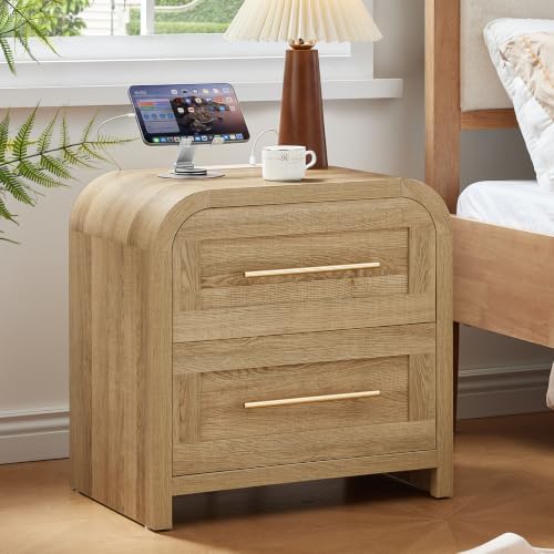 Oak Night Stand with Charging Station, Natural Oak