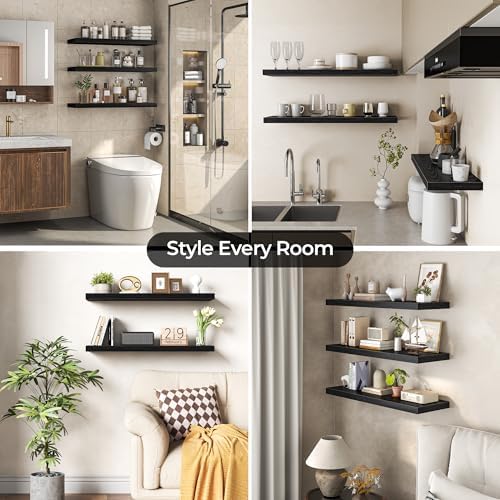 Floating Shelves for Wall 36 Inch Set of 3, Farmhouse Floating Shelves with Invisible Heavy Duty Bracket, 10 Inch Deep Bathroom Shelves for Storage, Living Room, Kitchen, Decor, Black