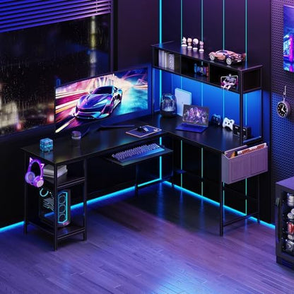 DUMOS 67" L Shaped Gaming Desk, Reversible Computer Desks with LED Lighting