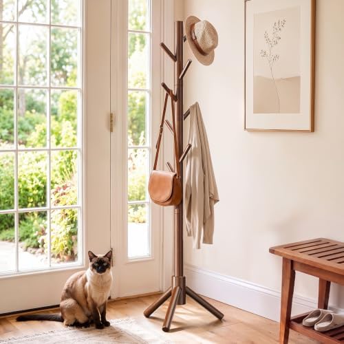 AMADA Solid Wooden Coat Rack Freestanding with 8 Hooks, Walnut