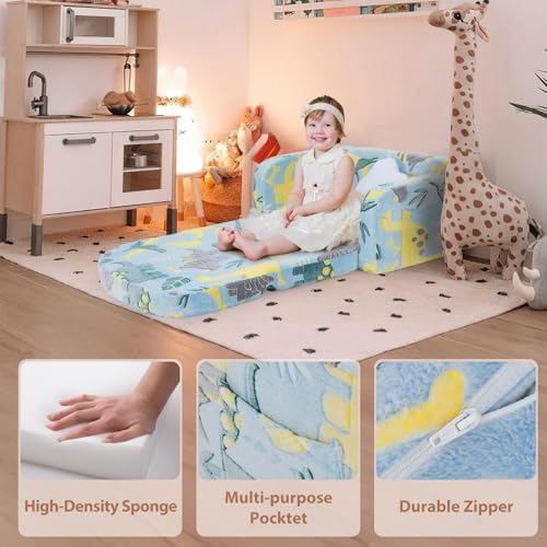 Extra Wide Kids Couch, 2-in-1 Soft Toddler Couch with Blanket, Glow in The Dark, Comfy Toddler Chair with Cloud Pillow, Convertible Sofa, Dinosaur