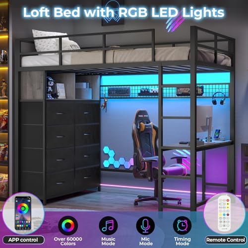 Twin Size Loft Bed with Desk and 8 Storage Drawers, LED Lights