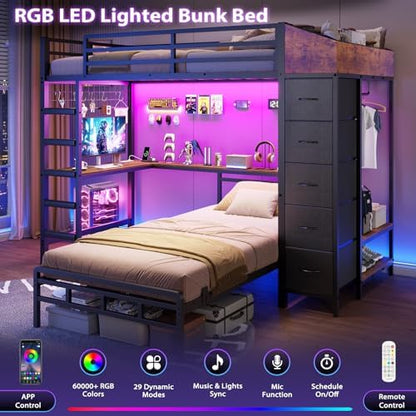 Bunk Bed Twin Over Twin with Hall Tree, Charging Station and LED Lights, L-Shaped Bunk Bed with Desk, 5 Storage Drawers, Twin Bunk Beds with Guardrail & Stairs, No Box Spring Needed, Black