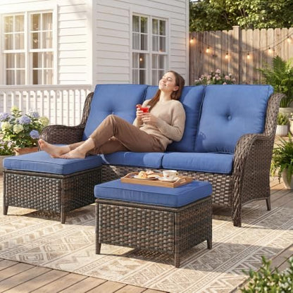 Belord 3-Piece PE Wicker Outdoor Sofa with 2 Ottomans, Luxury Patio Couch Convertible to Chaise Lounge, All-Weather High Back Deep Seat Woven Furniture for Deck, Porch - Brown/Blue