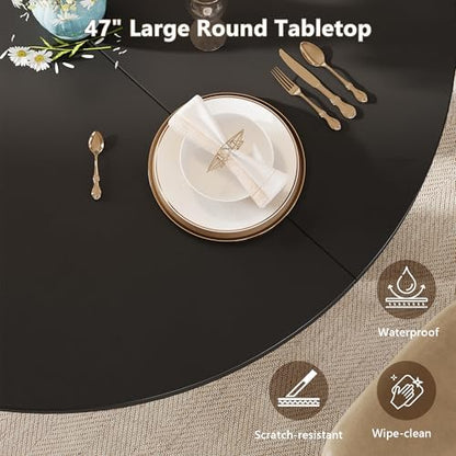 Round Dining Table for 4-6, Kitchen Table with Sturdy Double Arc & Rounded Base & Backboard Clasp Desktop, Mid-Century Modern Circle Dinner Table for Dining Living Room, Space Saving, Black