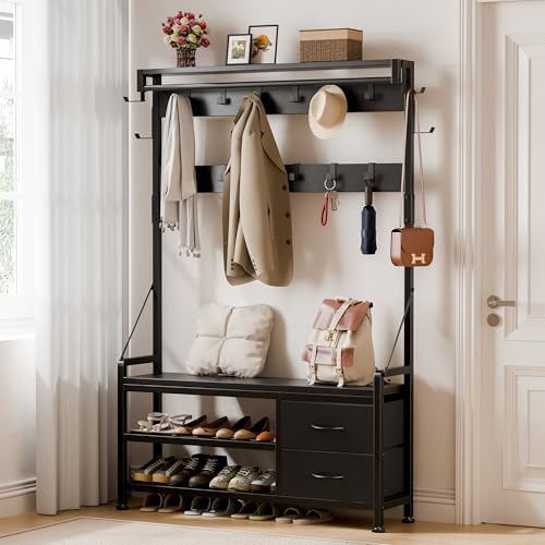 Coat Rack, 39.4” Hall Tree with Shoe Storage Bench, Black