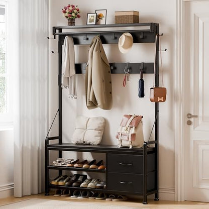 Coat Rack, 39.4” Hall Tree with Shoe Storage Bench, Black