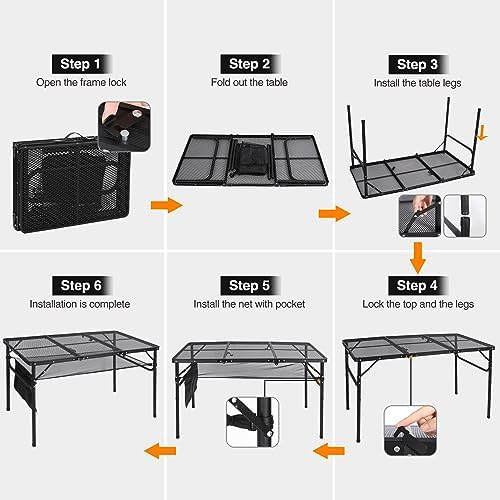 REDCAMP 48x24 Long Folding Grill Table for Outside, Lightweight Portable Double Layer Metal Aluminum Outdoor Grill Table with Adjustable Height Legs, Great for Camping Picnic Cooking BBQ, Black 4ft