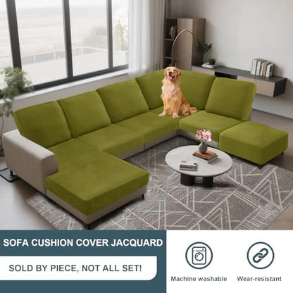 UNBBRRL Seat Cushion Cover and Back Covers for Corner Sofa Stretch Jacquard, Non Slip L Shaped Sofa Slipcover with Storage Ottoman, Sectional Couch Cover for Chaise Lounge (Olive,Corner Back Cover)