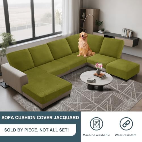 UNBBRRL Seat Cushion Cover and Back Covers for Corner Sofa Stretch Jacquard, Non Slip L Shaped Sofa Slipcover with Storage Ottoman, Sectional Couch Cover for Chaise Lounge (Olive,24 x 24 x 6”)