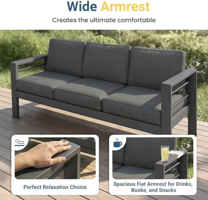 Wisteria Lane Aluminum Outdoor Sofa, 2 Pieces Patio Couch All-Weather Rust-Proof Modern Metal Patio Furniture with 5" Thick Olefin Cushions, Light Grey
