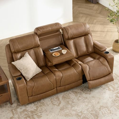 Watson & Whitely Power Reclining Sofa 3-Seat Middle Flip Back, Saddle Brown