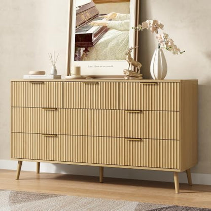 CARPETNAL Fluted 7 Drawer Dresser for Bedroom, 55" Wide Wooden Chest of Drawers with Rounded Corners, Gold Handles, Modern Storage Organizer for Bedroom, Hallway(Oak)