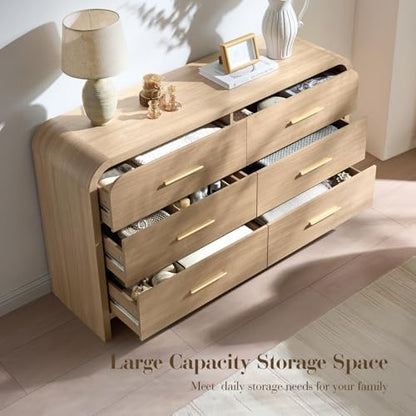 3-Piece Bedroom Set, Curved 6-Drawer Dresser&1-Drawer Nightstands