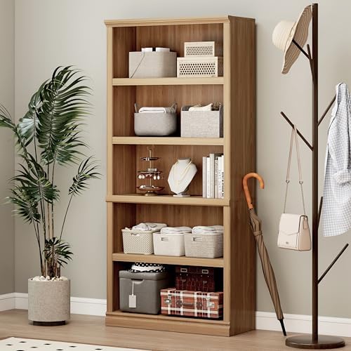 70-Inch Tall Oak Bookcase, 5 Tiers Shelves Open Storage Bookshelf