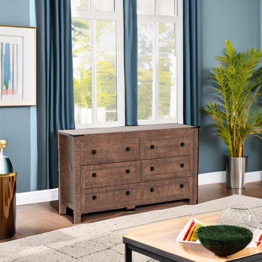 T4TREAM 54" Wide Farmhouse 6-Drawer Dresser for Bedroom, Reclaimed Barnwood | Rustic, Wood Storage Cabinet, Metal Handle, Unique Corner Accent, Bedroom, Living Room, Hallway