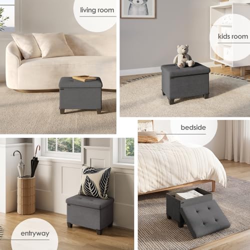 Storage Ottoman Cube with Small Bin, 16-in Square Ottoman with Storage for Living Room and Bedroom, Small Ottomans Foot Rest, Fabric Foot Stools Ottomans Max 330lbs, Grey