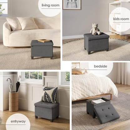 Storage Ottoman Cube with Small Bin, 16-in Square Ottoman with Storage for Living Room and Bedroom, Small Ottomans Foot Rest, Fabric Foot Stools Ottomans Max 330lbs, Grey