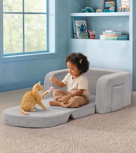Kids Couch, 2-in-1 Soft Toddler Couch Fold Out with Blanket, Comfy Toddler Chair, Convertible Sofa, Gifts for Kids Girl Boys, Medium Grey Rainbow