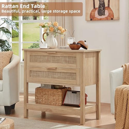 LEYAOYAO 26.8" Wide Rattan Night Stand, Oversized Large Nightstand