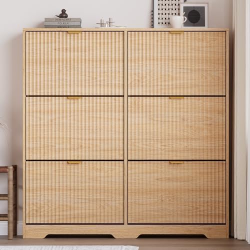 BORNOON Large Shoe Cabinet for Entryway, Tall Narrow Shoe Storage Cabinet with 6 Flip Drawers and Adjustable Shelves, Shoe Rack Cabinet Organizer for Hallway, Foyer, Small Apartment
