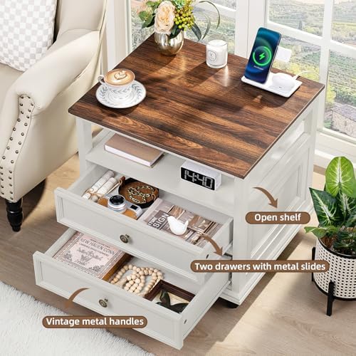 Joaxswe Farmhouse Nightstand with Charging Station, 24" Wide End Table with 2 Drawers,White Wood Dresser for Bedroom, Bed Side Table Chest of Drawers Cabinet,Night Stand for Living Room, Closet