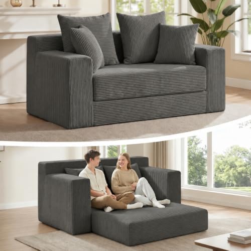 3-in-1 Convertible Sofa Bed,Boneless Loveseat Sleeper & Folding Couch Bed with 4 Pillows & Detachable Cushion for Bedroom, Small Space, Guest and Living Room, Corduroy Futon, No Assembly