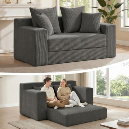 3-in-1 Convertible Sofa Bed,Boneless Loveseat Sleeper & Folding Couch Bed with 4 Pillows & Detachable Cushion for Bedroom, Small Space, Guest and Living Room, Corduroy Futon, No Assembly