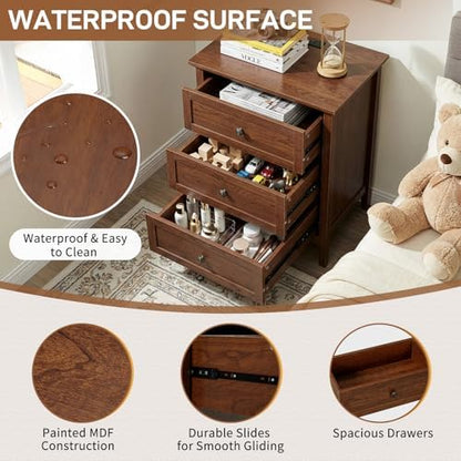 Karl home Brown Farmhouse Nightstand, Wide End Table with Charging Station