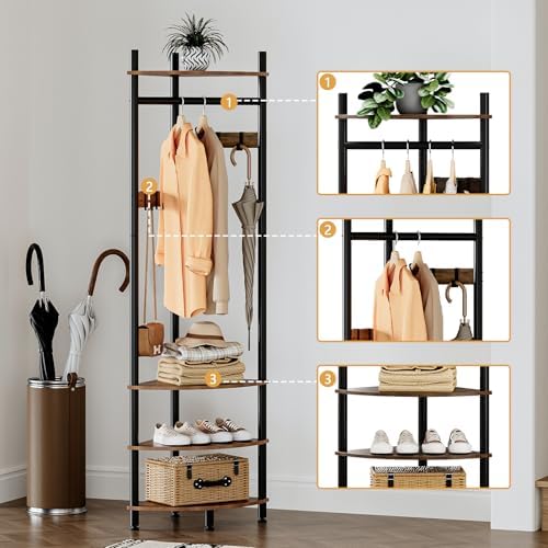 GiftGo Corner Hall Tree with Shoe Rack Entryway Coat Rack with 6 Metal Movable Hooks Floor Standing Clothes Rack Organizer for Home Office Bedroom (Rustic Brown)