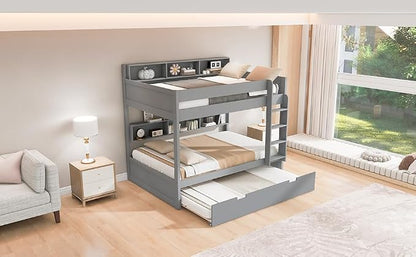 Harper & Bright Designs Rustic Wood Bunk Bed with Pull-Out Trundle, Twin Over Twin Wooden Bunk Bed with Large Cabinet Beside Upper and Down Bed, Gray