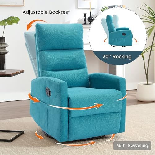 Luxlen 360° Swivel Rocking Chair for Nursery, Manual Glider Chair Nursing Chair with Side Pockets, Polyester Glider for Living Room, Heavy Duty Motion Mechanism, Blue