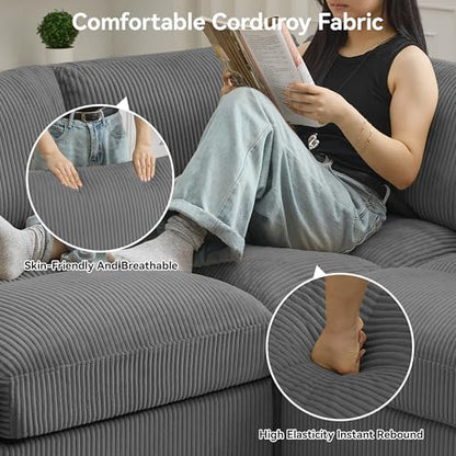 Modular Sectional Sofa, 114'' Corduroy Deep Seat U Shaped Couch, Grey