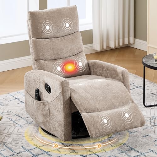 Luxlen Manual Swivel Rocker Recliner Chair with Vibration Massage, Overstuffed Glider Chair with Lumbar Heat for Nursery, Living Room Reclining Sofa Chair, Chenille Fabric Khaqi