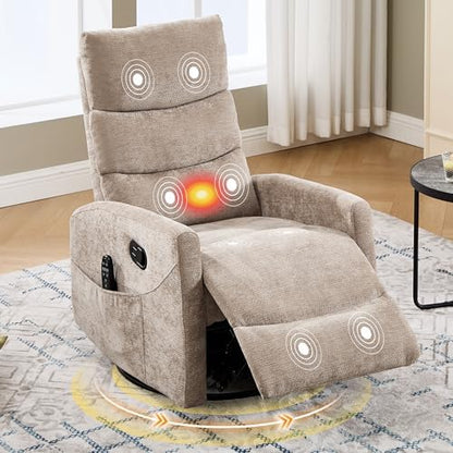 Luxlen Manual Swivel Rocker Recliner Chair with Vibration Massage, Overstuffed Glider Chair with Lumbar Heat for Nursery, Living Room Reclining Sofa Chair, Chenille Fabric Khaqi