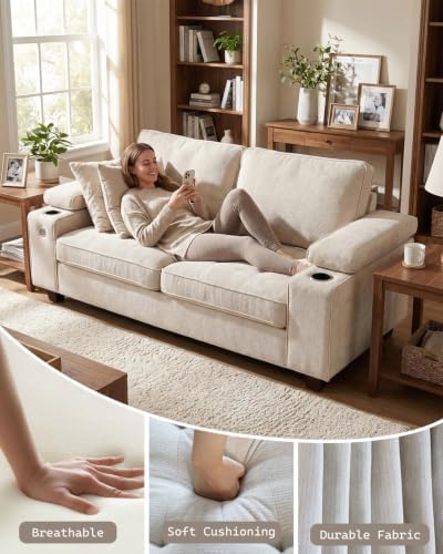 73" Loveseat Sofa, Modern Upholstered Couch for Living Room, Small Space Sofa with Hidden Armrest Storage, USB & Type-C Charging Ports, Adjustable Armrests, Built-in Cup Holders, Beige