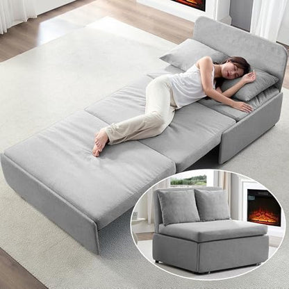 BALUS 40" W Twin Size Pull Out Sofa Bed Chair Sleeper Couch with Pullout Beds, Linen 2 in 1 Convertible Sleepers Sofa Chair Turns into Twin Bed with Pillows for Small Space Apartment Loft, Light Grey