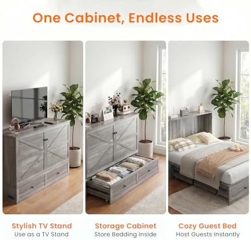 ijuicy Queen Murphy Bed Cabinet with Drawer & Charging Station,Grey