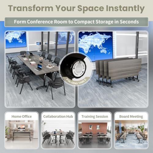 Modern Conference Table, Folding Modular Conference Room Tables with Wheels, Flip Top Mobile Training Table for 6-12 People, Foldable Rectangle Meeting Seminar Tables for Office(Elm, 4PCS 61in)