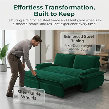 73.2" Sofa Bed Queen, 3-in-1 Pull Out Sofa Bed with Pillow Armrest, Modern Velvet Convertible Sleeper Futon Sofa for Living Room Small Space, Apartment, Bedroom, Green