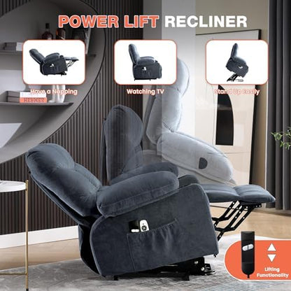 MAHOMICO Power Lift Recliner Chair for Elderly with Vibration Massage and Lumbar Heating,Electric Lift Recliner Single Sofa with Side Pocket,Two Cup Holders and USB Charge Port for Living Room